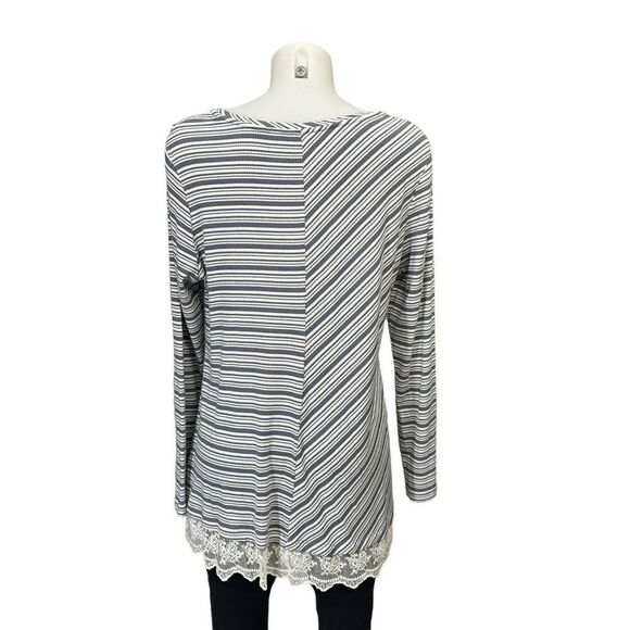 LOGO Lori Goldstein Gray Assymetric Striped Longsleeve Tunic Top Lace trim sz L - Picture 5 of 7